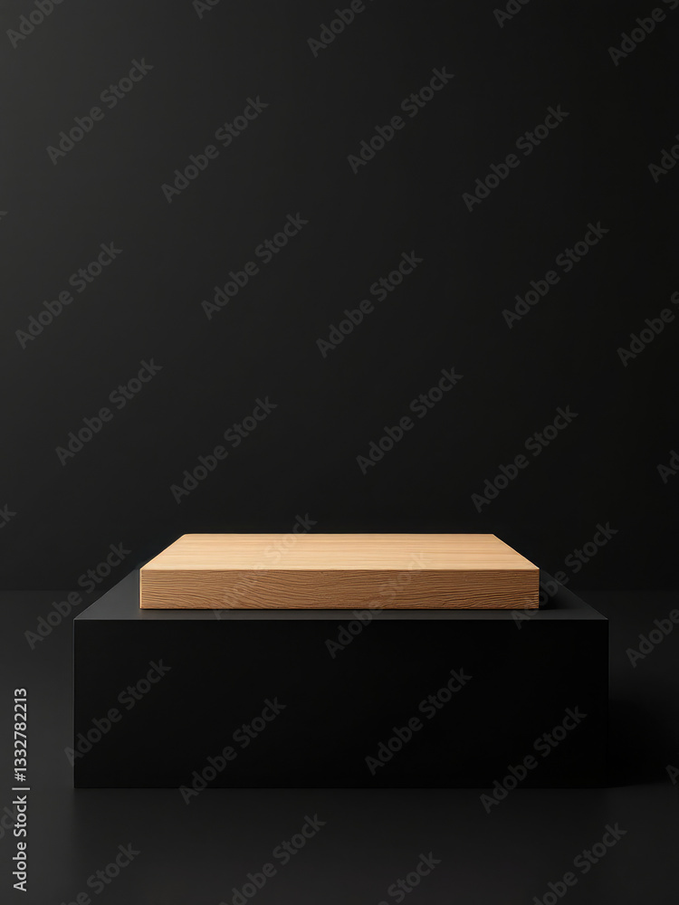 Poster minimal wood stage mock up square base pedestal for display empty product stand black background sta