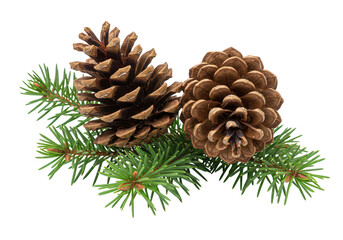 Brown pinecones with a rough natural texture resting on a fresh green pine branch isolated on transparent background