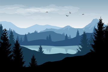 Beautiful vector landscape with a lake and blue forested mountains.