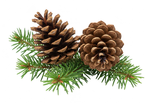 Brown pinecones with a rough natural texture resting on a fresh green pine branch isolated on transparent background