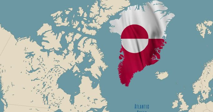 Animated world map with Greenland island in the colors of the national flag