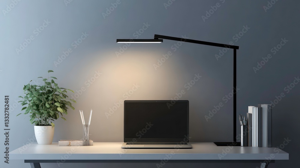 Poster minimalist black desk lamp with a sleek design and focused light beam, ideal for modern workspaces a