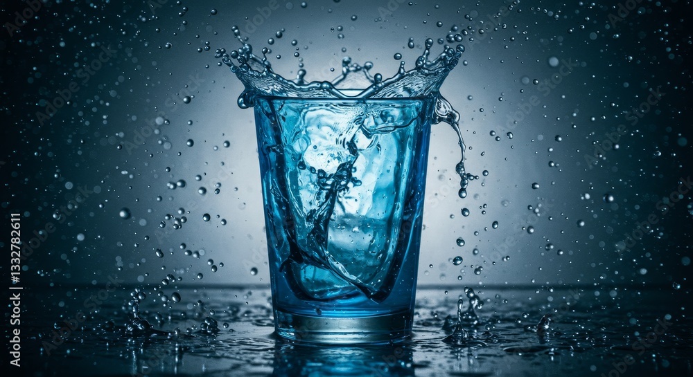 Aufkleber refreshing water splash in glass - a vibrant of ice cubes splashing into a glass of water, creating 