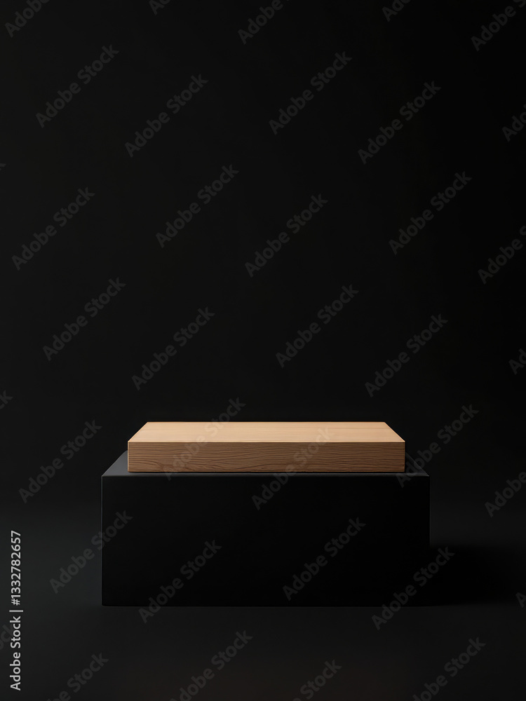 Poster minimal wood stage mock up square base pedestal for display empty product stand black background sta
