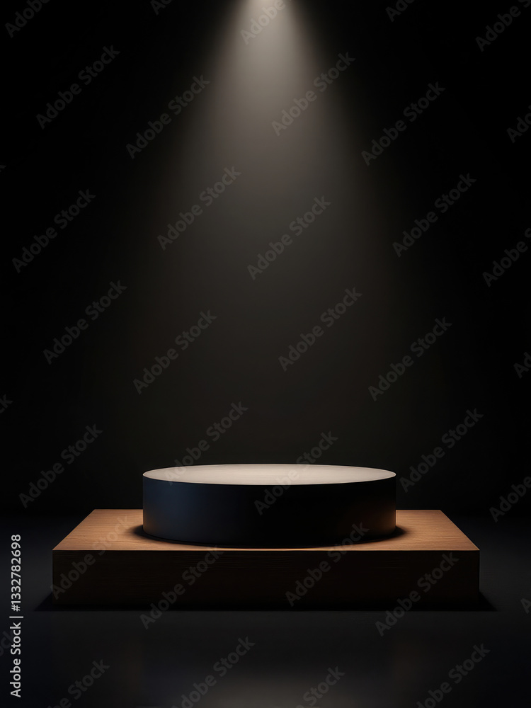Poster minimal wood stage mock up square base pedestal for display with spotlight empty product stand black