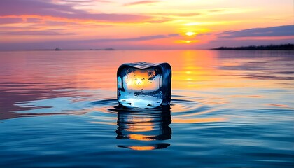 A large blue ice cube sits on top of calm water as the sun sets behind it.