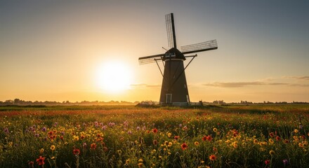 Windmill Stands in Colorful Wildflower Field During Golden Sunset Glow