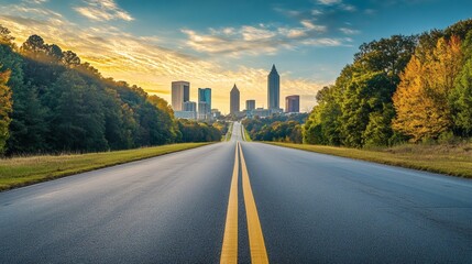 Obraz premium A long road leads towards a distant city skyline at sunset