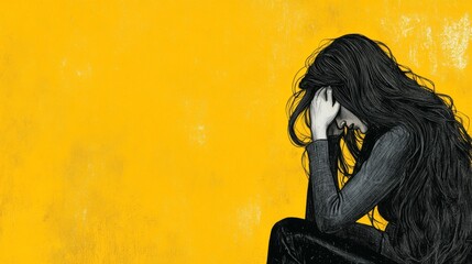 A woman is sitting in distress with her head in her hands against a yellow background