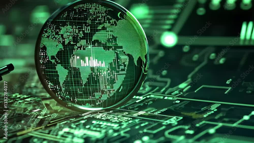Poster exploring digital data processing through scope scanning technology in green hues, scope scanning an