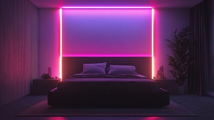 Neon Dreamscape: A Modern Bedroom Illuminated by Vibrant Pink and Purple LED Lights