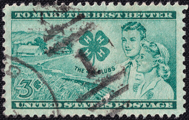 U.S. postage stamp from 1952 celebrating the 4-H Clubs, featuring a rural farm scene, a boy and...