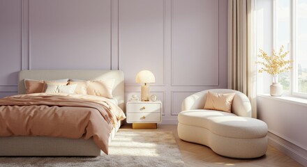 Serene Bedroom Interior Design - Calm and elegant bedroom with a beige bed, a curved chaise lounge, and soft lighting, set against a lavender wall