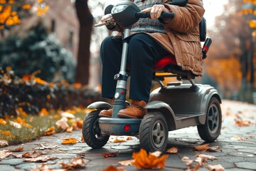 An elderly person riding a mobility scooter through a park covered in autumn leaves, showcasing vibrant fall colors.