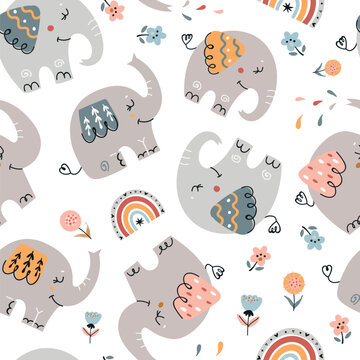 Fototapeta Baby seamless pattern with cute elephants.