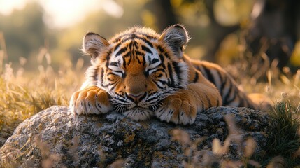 Obraz premium Peaceful Slumber: A Siberian Tiger Cub Resting on a Rock