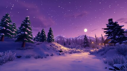 Snowy mountain cabin sunset winter scene