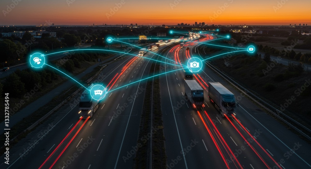 Poster smart highway network at sunset - aerial view of a highway at sunset with connected vehicles and net