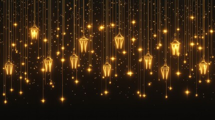 Fototapeta premium Golden lanterns rain, night, celebration, festive background