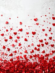Scattering Red Hearts on Textured White Background for Valentines Day Card
