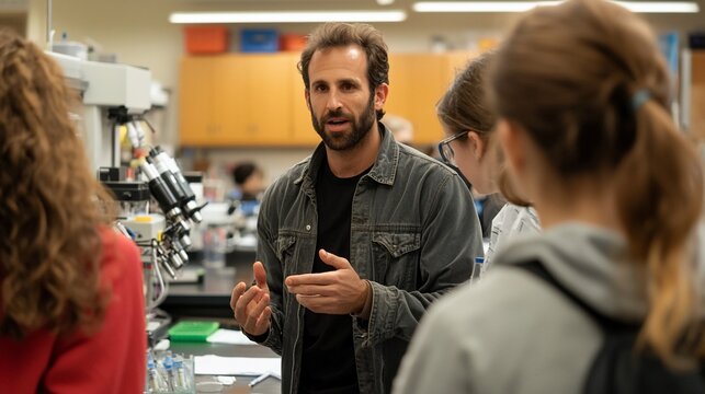 Professor lectures students in lab; science class background
