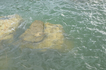 Fototapeta premium Limestone rocks submerged in lake water.The lake water looks clear. Looks calm and peaceful for relaxation. Copy space. Ecological and environmental concepts. For graphic design or 3D rendering 