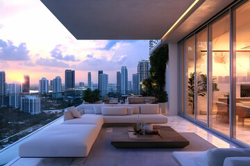 Fototapeta premium Miami skyline at sunset from a luxurious apartment balcony, offering panoramic views and a sophisticated atmosphere