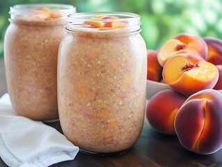 Peach smoothie jars on wood table with peaches