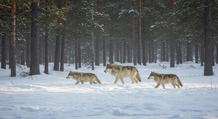 Naklejka premium Wolves Walking Through Snowy Forest on Winter Day Adventure