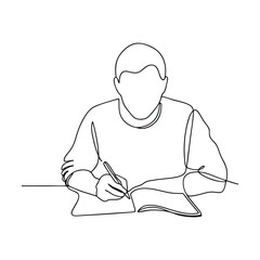 Single Line Drawing Man Studying, Writing, Notes, Book, Pen, Desk, Learning, Education
