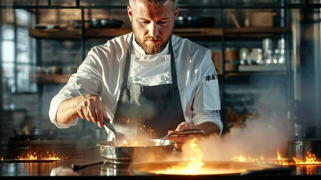 Young middle-aged man preparing gourmet dish in modern restaurant kitchen with focus on culinary skills, A young middle-aged man cooking in a restaurant kitchen Video collage with a professional chef