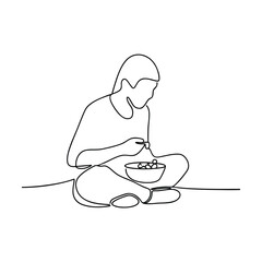 Single Line Drawing Child Eating Cereal Bowl Breakfast Meal