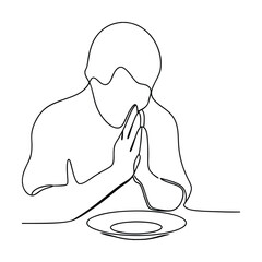 Single line drawing, person praying, empty plate, hunger, poverty, faith, hope, gratitude, meal,