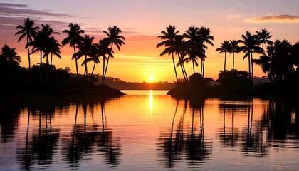 A serene sunset over a tranquil body of water, with palm trees and clouds silhouetted against the vibrant sky.