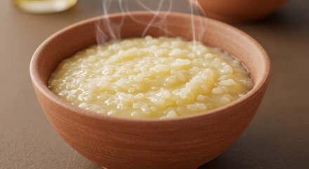 Steaming Bowl of Rice Porridge - Warmth, comfort, nourishment, simplicity, and home- cooking are symbolized in this of a steaming bowl of rice porridge. It evokes feelings of wellbeing and gentle care