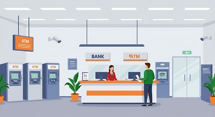 Customer at Bank Counter with Clerk and Automated Teller Machines