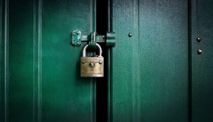 Green door locked with old padlock, dark and moody, copy space- 37118