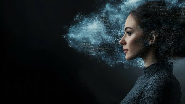 A woman with digital clouds of code floating around her head, symbolizing the AI technology behind artificial intelligence and data visualization in a dark background. 