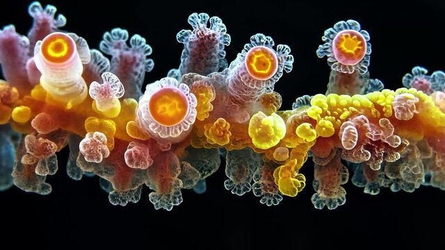 Polymorph microorganism observed under a microscope displaying vibrant colors and unique structures, Polymorph microorganism under microscope Organisms Unicellular Funny observation
