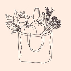 Line drawing of a reusable shopping bag filled with fresh vegetables and herbs