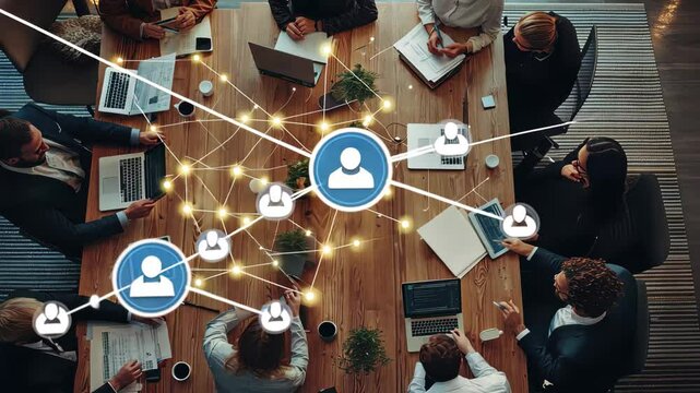 Network of connections among diverse business professionals during a collaborative meeting in a modern office setting, netowork of connections over diverse business people in office
