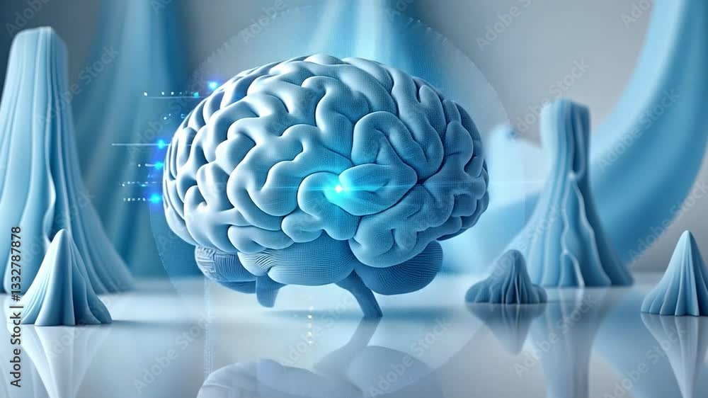 Poster exploring the intricate details of a blue brain model in a stylized environment