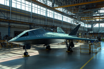 Military aircraft displayed in factory setting during war efforts Generative AI