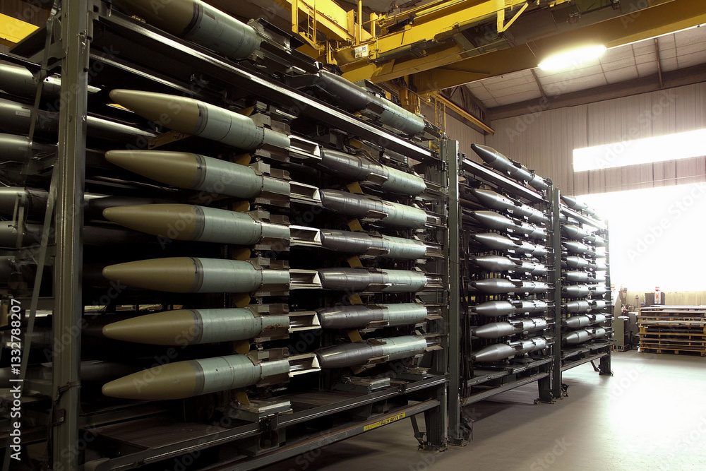Poster missiles stored securely on industrial racks for military operations generative ai