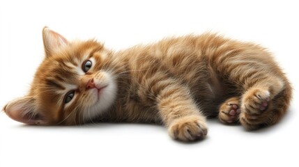 Fototapeta premium Ginger kitten lying on white background