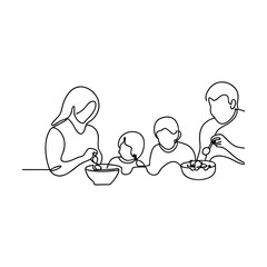 Family Mealtime One Line Drawing of Happy Parents and Children Eating