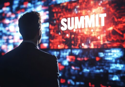 A man looking at summit text on digital screens with red and blue abstract patterns.
