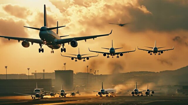 Planes taking off at dusk from an international airport with a vibrant sky and multiple aircraft in view, A general view of international airport, planes take off and land Timelapse