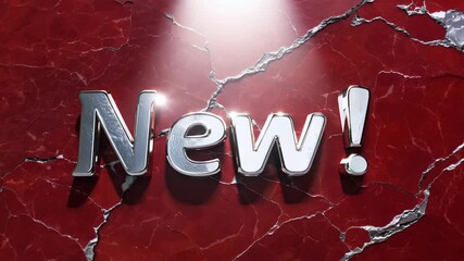 The word "New!" in an elegant luxury style, written in silver on a polished marble background with reflective highlights, illuminated by a focused spotlight effect - Powered by Adobe
