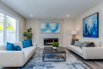 Minimalist living room with natural light, modern artwork, and cozy decor